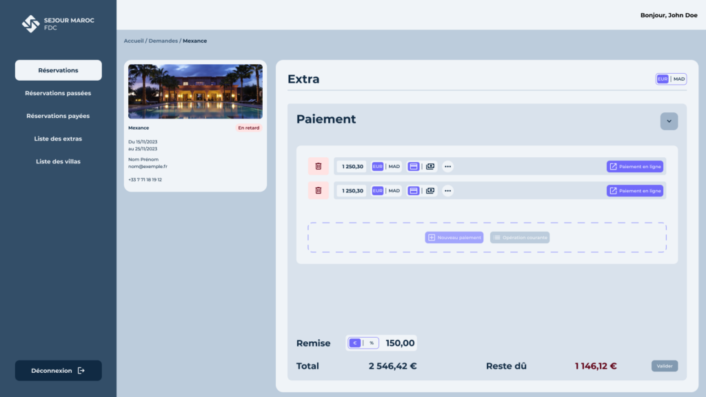 Payment list of an accomodation