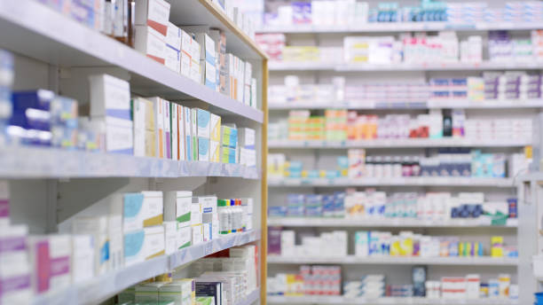 Shot of shelves stocked with various medicinal products in a pharmacy